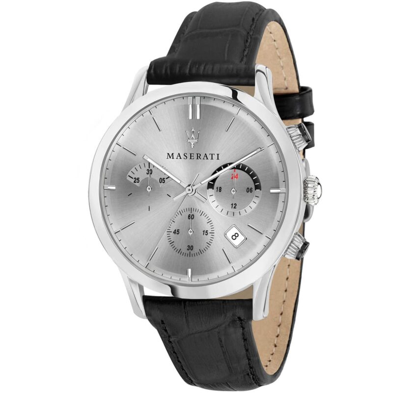 r8871633001 maserati watch men silver dial leather black strap quartz battery analog chronograph ricordo