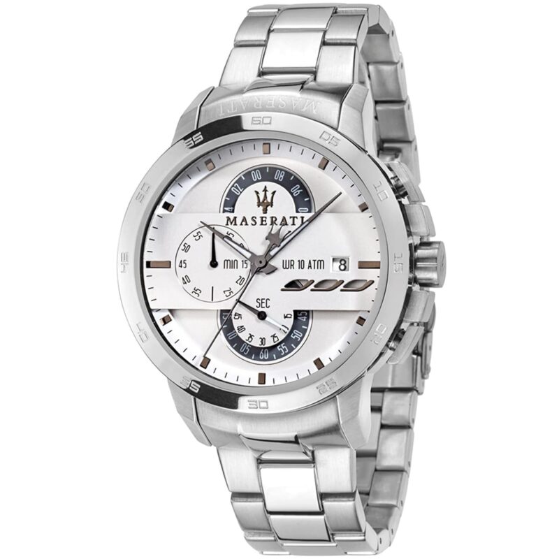 r8873619004 maserati watch men white dial metal stainless steel silver strap quartz battery analog chronograph wr 10 atm ingegno