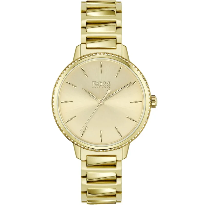 1502541 hugo boss watch women gold dial metal stainless golden strap quartz battery analog three hand signature