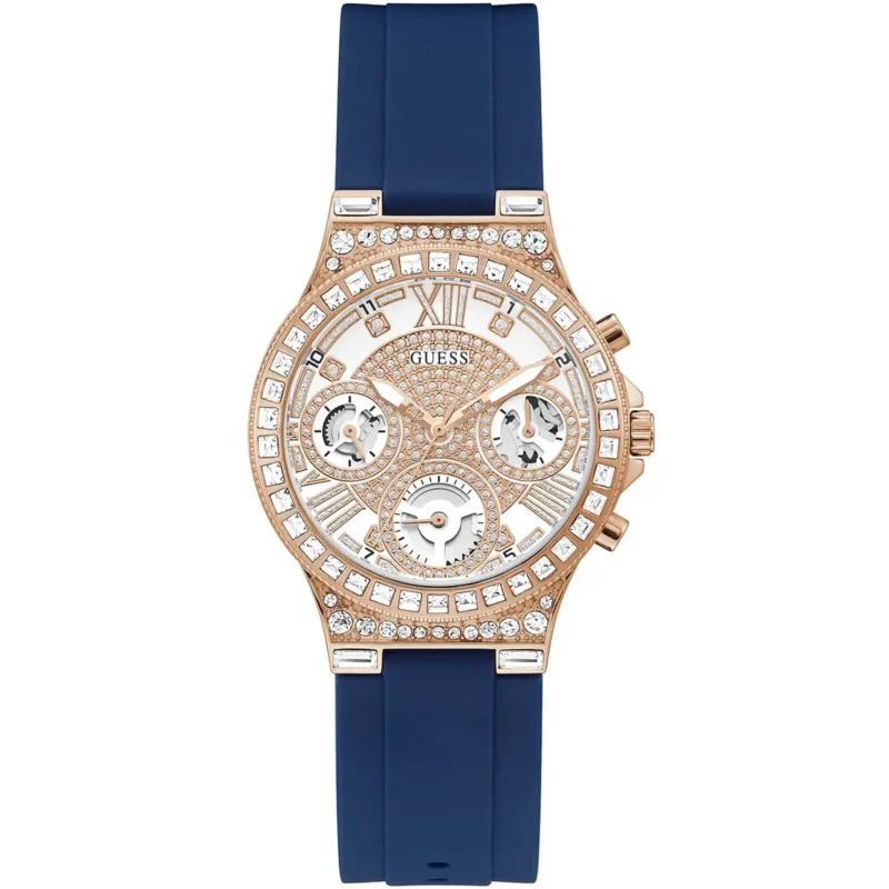 gw0257l3 guess watch women rose gold dial rubber blue strap quartz battery analog crystals moonlight