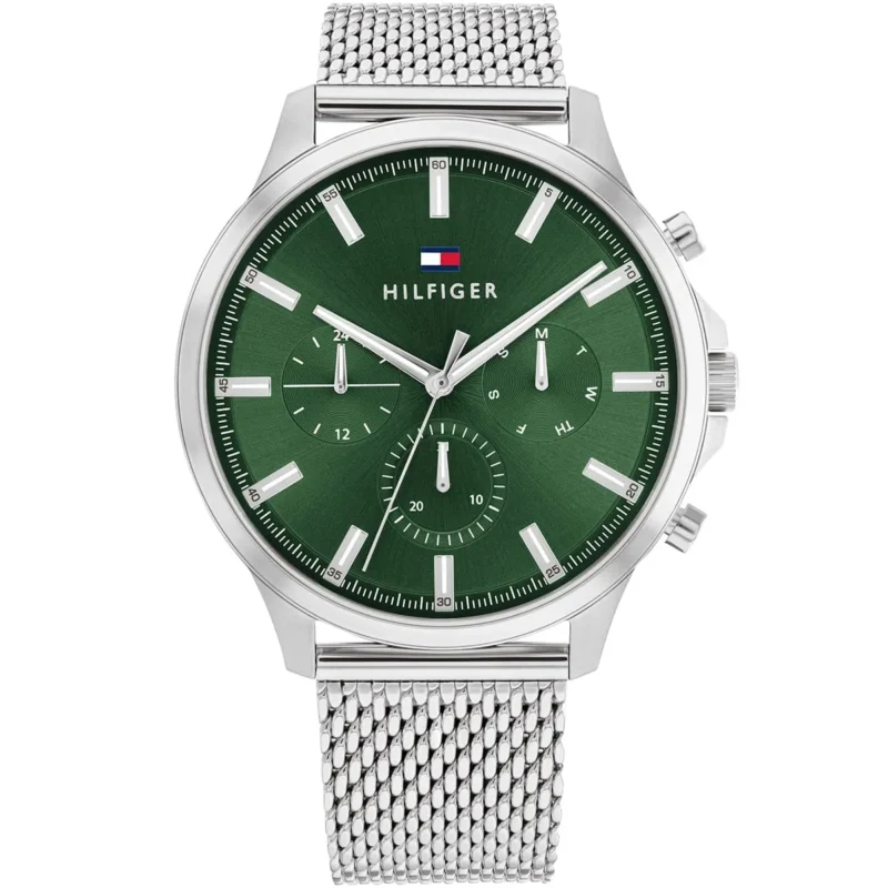 1710499 tommy hilfiger watch men green dial mesh metal stainless steel silver strap quartz battery analog ryder