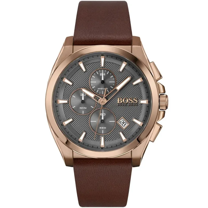 1513882 hugo boss watch men gray dial leather brown strap quartz battery analog chronograph grandmaster