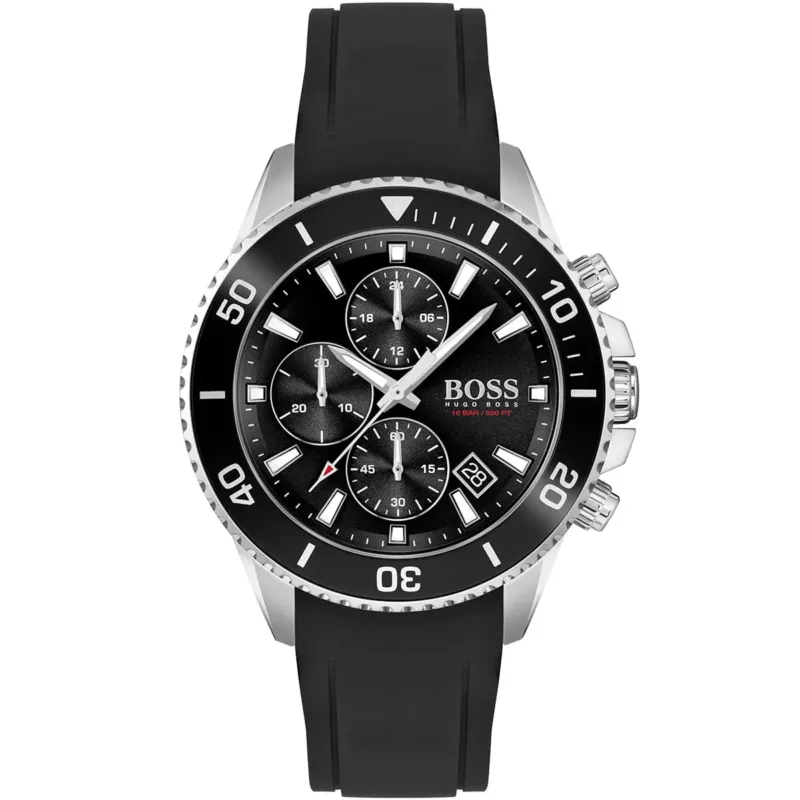 1513912 hugo boss watch men black dial rubber strap quartz battery analog chronograph 10 bar 330 ft admiral