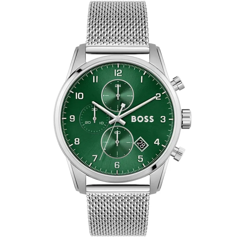 1513938 hugo boss watch men green dial metal stainless silver mesh strap quartz battery analog chronograph skymaster