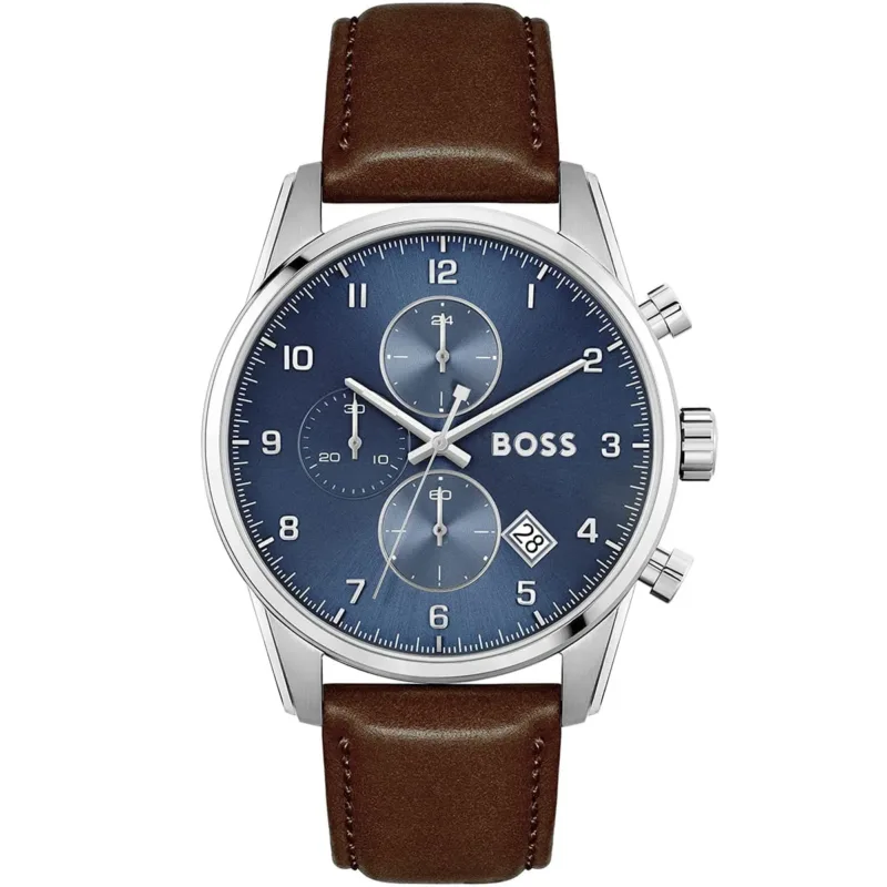 1513940 hugo boss watch men blue dial leather brown strap quartz battery analog chronograph skymaster