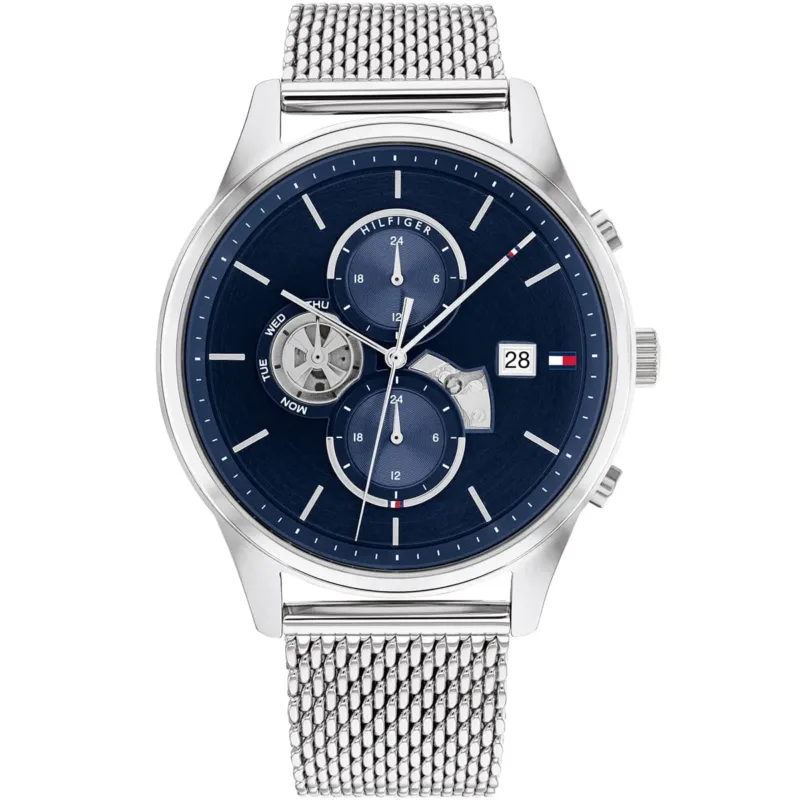 1710504 tommy hilfiger watch men blue dial mesh metal stainless steel silver strap quartz battery analog weston