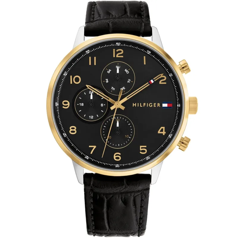 1791986 tommy hilfiger watch men black dial leather strap quartz battery analog leonard