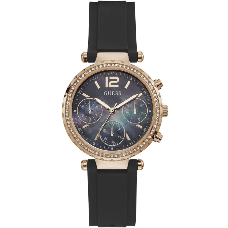 gw0113l2 guess watch women mother of pearl crystals black dial rubber strap quartz battery analog solstice