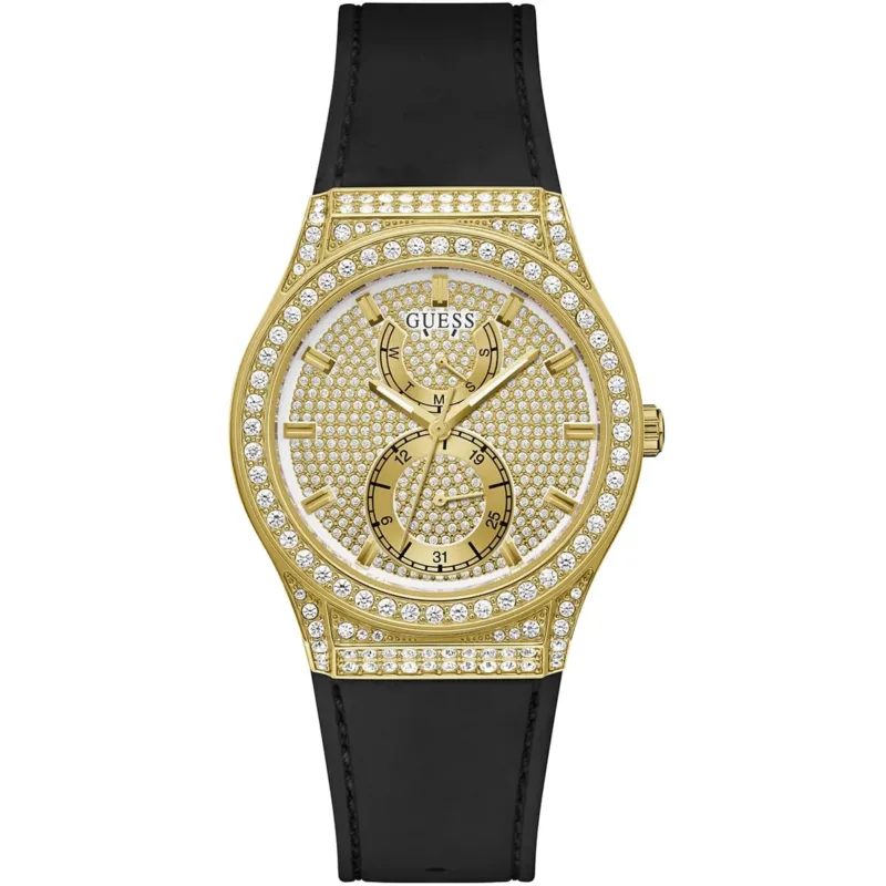 gw0439l2 guess watch women crystals gold dial rubber black strap quartz battery analog three hand princess