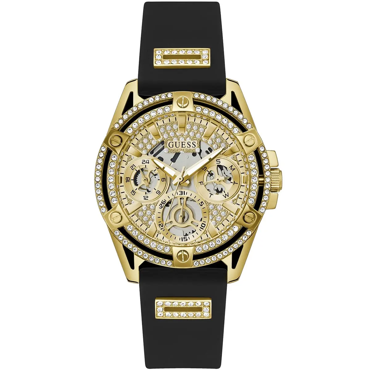 gw0536l3-guess-watch-women-gold-dial-rubber-black-strap-quartz-battery-analog-crystals-queen gw0536l3 guess watch women gold dial rubber black strap quartz battery analog crystals queen