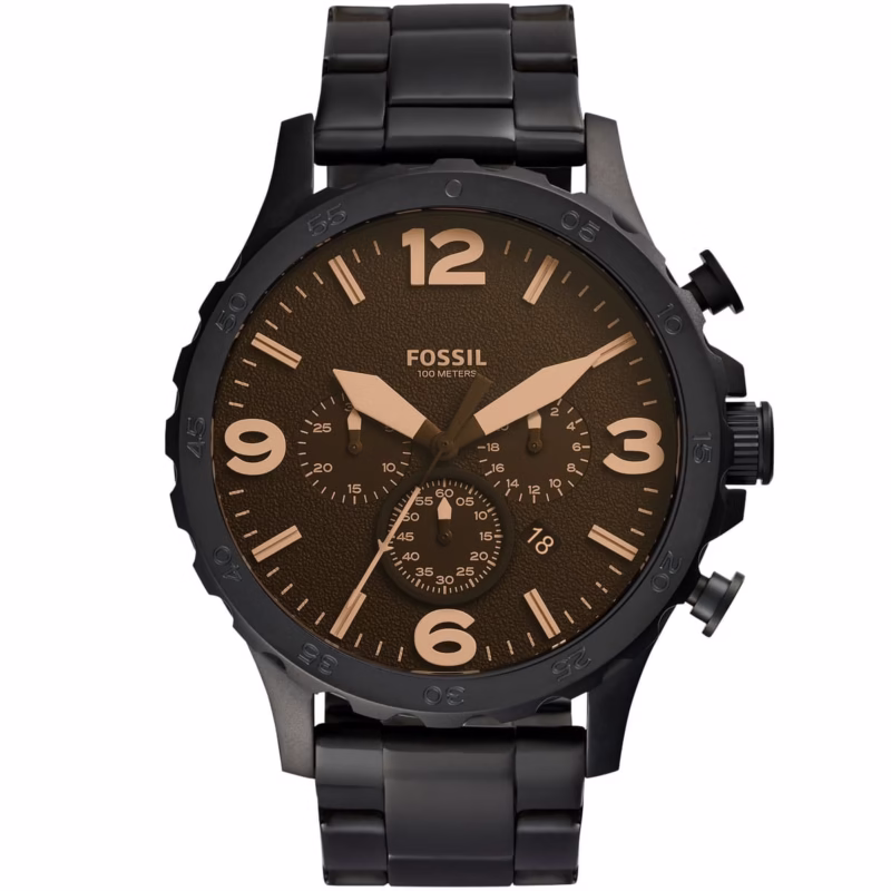 jr1356 fossil watch men black dial stainless steel metal strap quartz analog chronograph nate