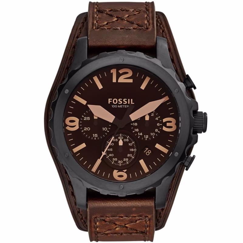 jr1511 fossil watch men black dial leather brown strap quartz analog chronograph nate