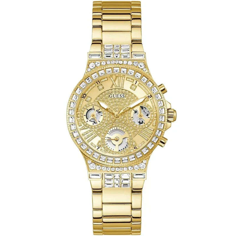 gw0320l2 guess watch women crystals gold dial metal stainless steel golden strap quartz battery analog moonlight