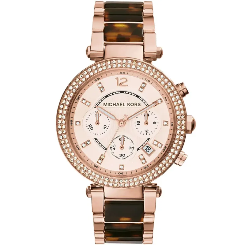 mk5538 michael kors chronograph watch women rose gold dial multi brown golden strap quartz battery analog crystals tortoise parker