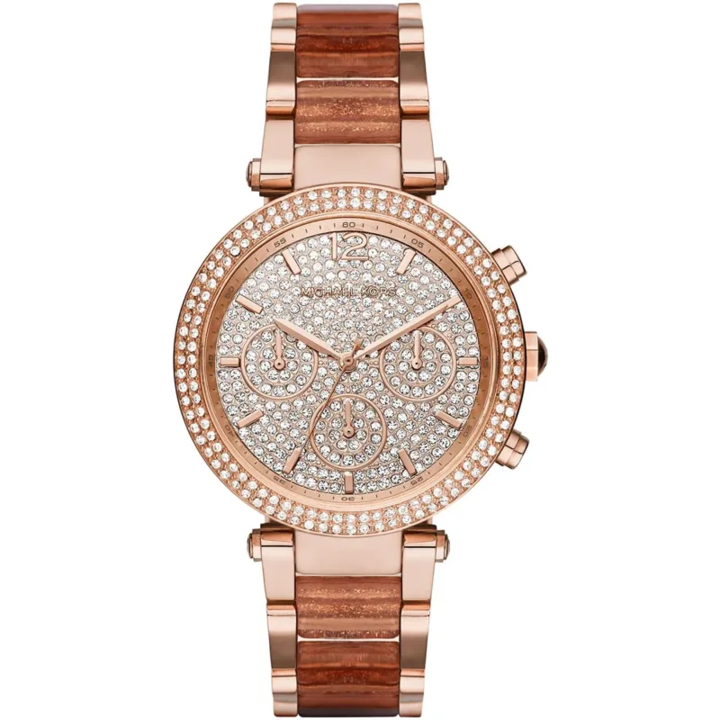 mk6285 michael kors watch women crystals rose gold dial multi brown strap quartz battery analog chronograph parker