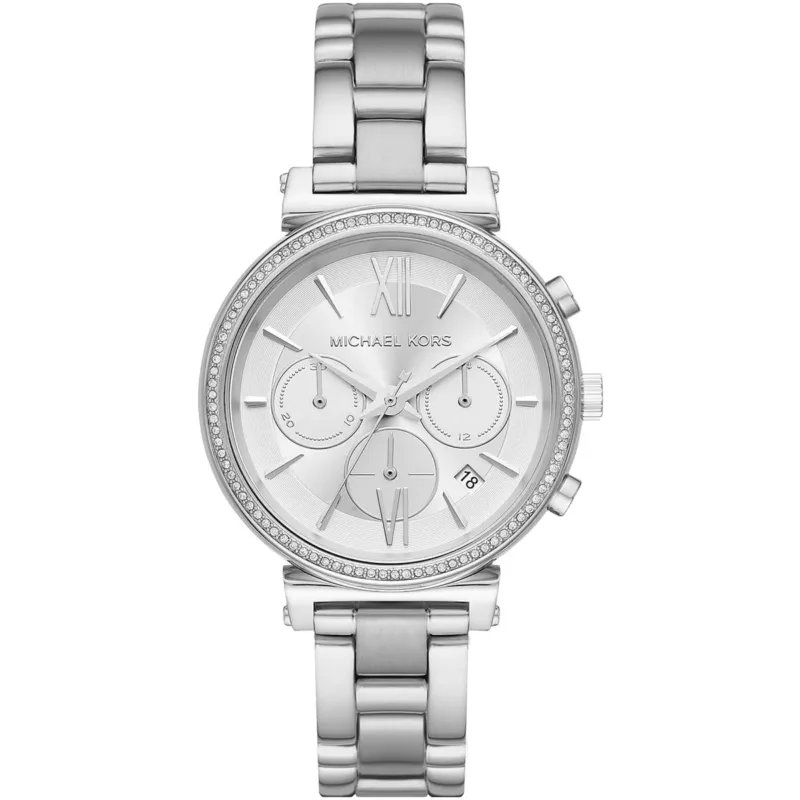 mk6575 michael kors watch women crystals silver dial metal stainless steel strap quartz battery analog chronograph sofie