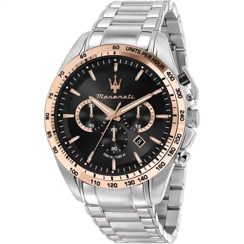 r8873612047 original maserati watch men black dial metal stainless steel silver strap quartz battery analog chronograph 330ft 100m traguardo egypt
