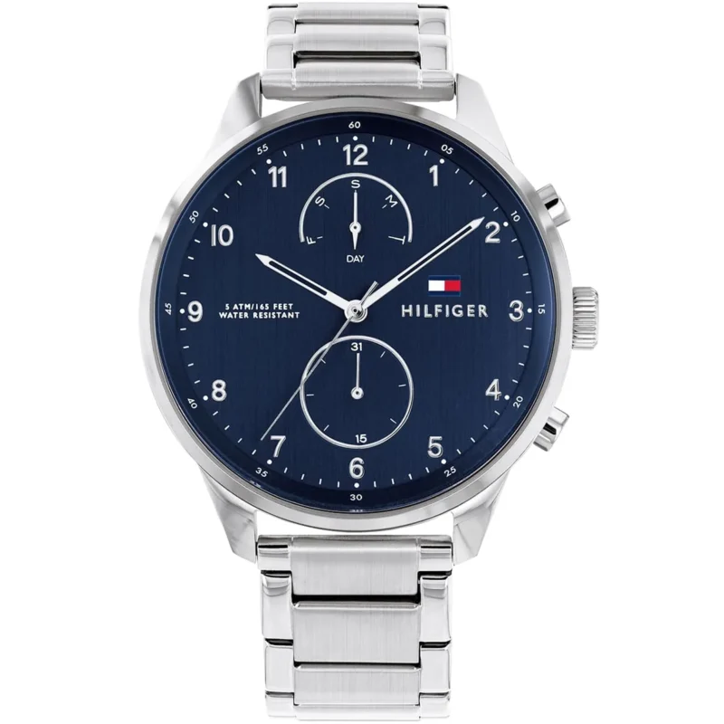 1791575 tommy hilfiger watch 5atm 165 feet water resistant men blue dial metal stainless steel silver strap quartz battery analog three hand chase