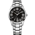 ساعة هوجو بوس للرجال 1513025 1 1513025-hugo-boss-watch-men-black-dial-metal-stainless-silver-strap-quartz-battery-analog-three-hand-ambassador