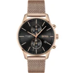 ساعة هوجو بوس للرجال 1513806 1 1513806-hugo-boss-watch-water-resistant-5bar-men-black-dial-metal-stainless-rose-gold-mesh-strap-quartz-battery-analog-chronograph-associate