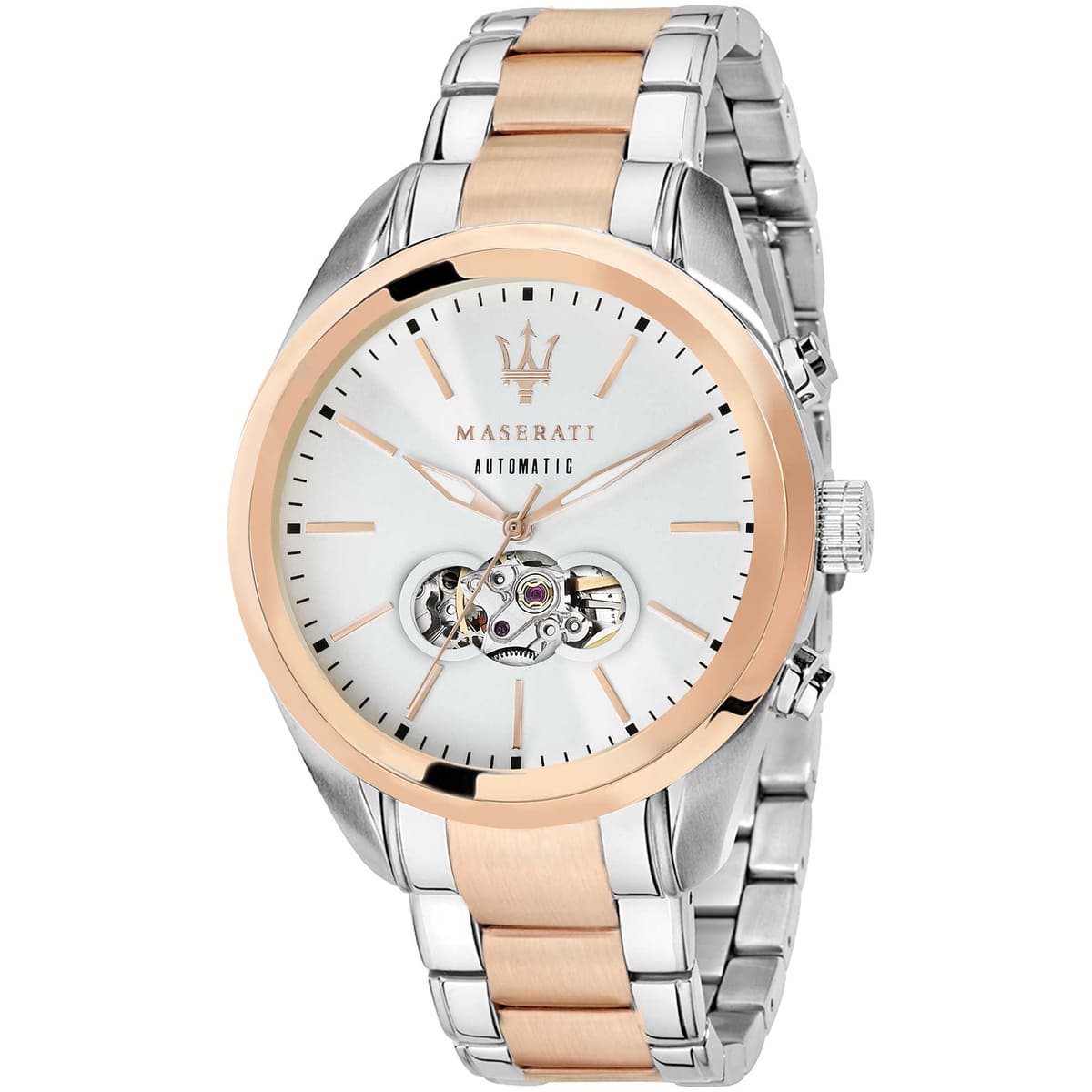 r8823112001-maserati-watch-men-silver-dial-metal-stainless-steel-rose-gold-two-tone-strap-automatic-analog-three-hand-traguardo r8823112001 maserati watch men silver dial metal stainless steel rose gold two tone strap automatic analog three hand traguardo